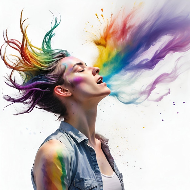 A side profile of a young boy his long rainbow colour hair fluttering in the air on Pride Day