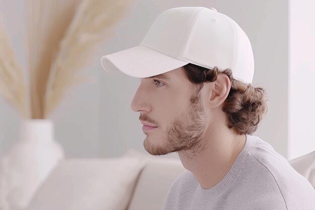 Photo side profile of a young caucasian man wearing a white baseball cap