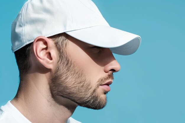 Photo side profile of a young man with beard wearing white cap against blue background