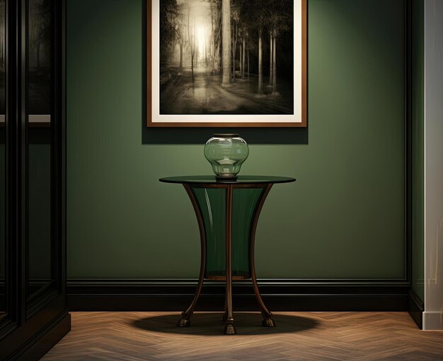 a side table stands next to an image in a room in the style of dark green and bronze