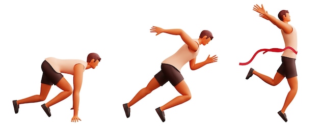 Side View Of 3D Young Man Running Step By Step On White Background.