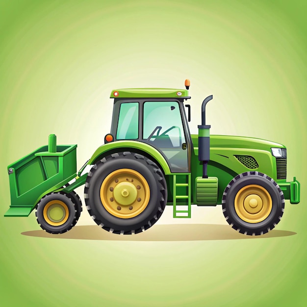 Side view of agricultural vehicle including green tractor and grader with bucket