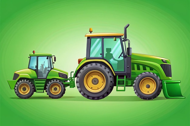 Side view of agricultural vehicle including green tractor and grader with bucket