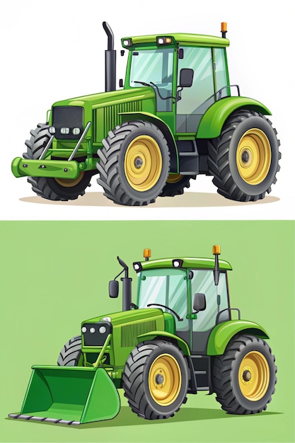 Photo side view of agricultural vehicle including green tractor and grader with bucket