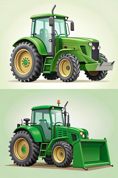 Photo side view of agricultural vehicle including green tractor and grader with bucket