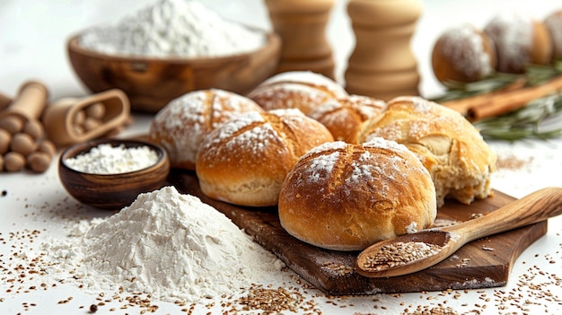 Side view of Baked products on white background