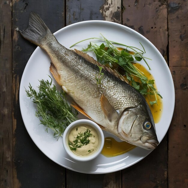 Side view of baked sea bass served with fresh herbs and sauces on the table