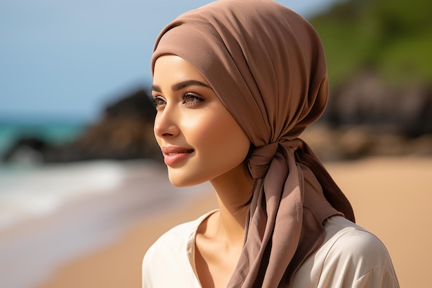 Side View of Beautiful Woman Wearing Brown Headscarf with Beach Background AI Generative