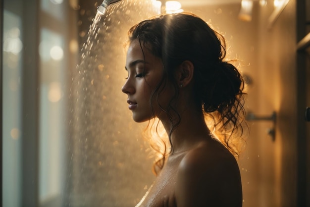 Photo side view of a beautiful young girl with her eyes closed under the pressure of water in the shower copy space