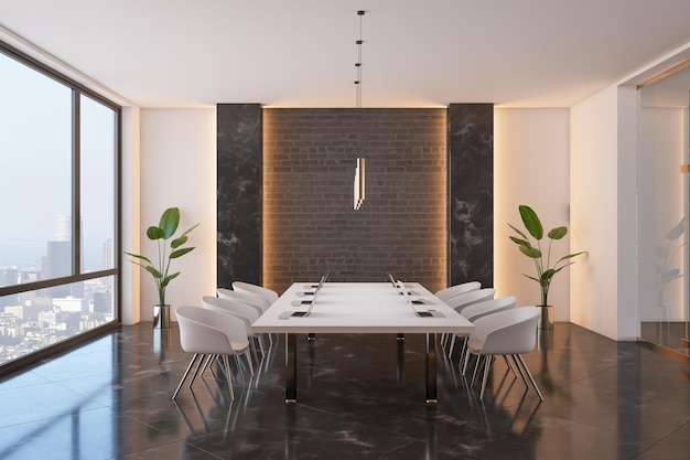 Side view on big white conference table with modern laptops surrounded by white chairs on dark marble floor in spacious board room with city view from panoramic window 3D rendering