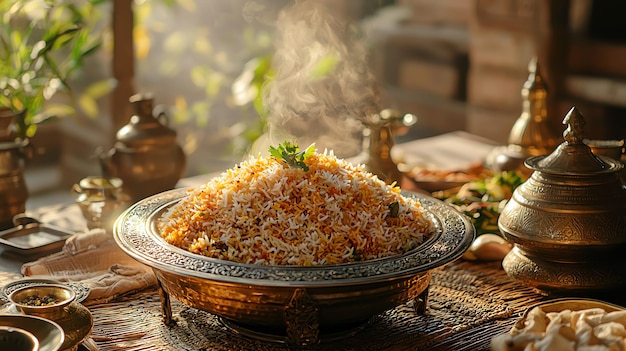 Side View of Biryani Being Served in a Traditional Setting