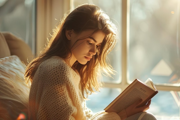 Photo side view brunette woman reading indoors