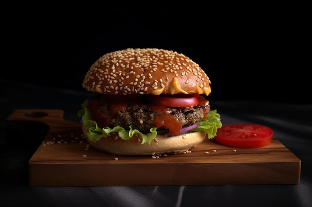 Side view of burger on tray with dark background