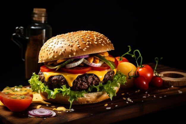 Side view of burger with beef meat melted cheese and vegetables on wooden board