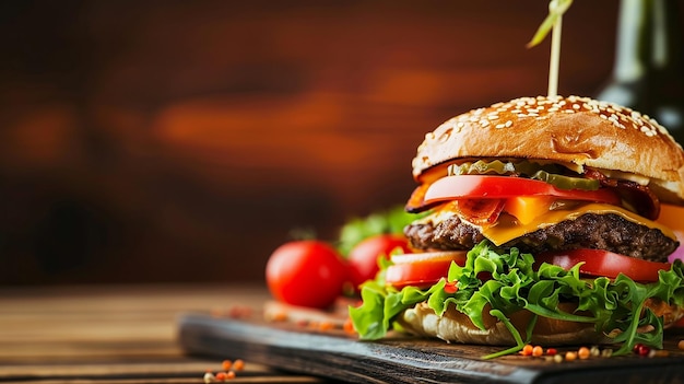 Side view of burger with beef meat melted cheese