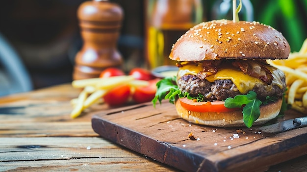 Side view of burger with beef meat melted cheese