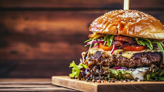 Side view of burger with beef meat melted cheese