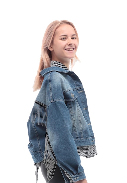 Side view casual girl in denim jacket looking forward