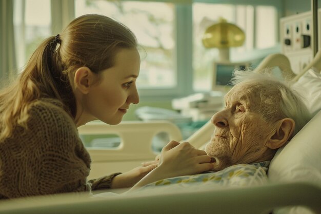 Photo side view of cheerful woman hugging father in patient gown in hospital