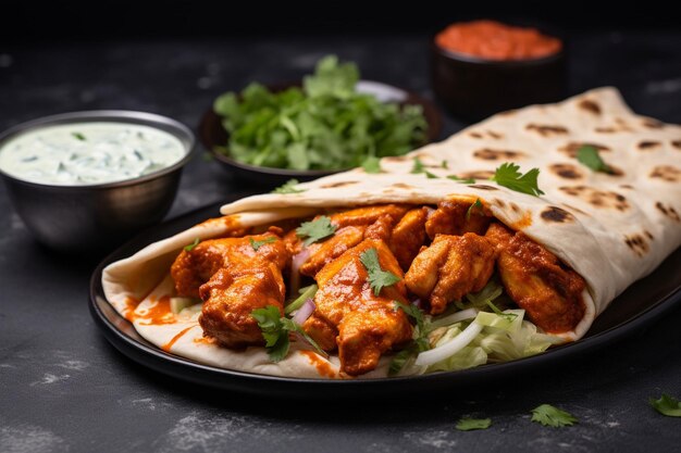 Side view of chicken kebab on lavash served with fresh herbs onion and adjika sauce