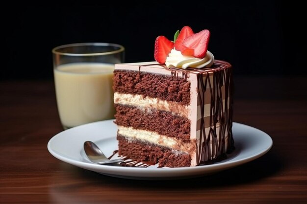 Side view chocolate cake with cream strawberry chocolotae chipps add black tea on the table