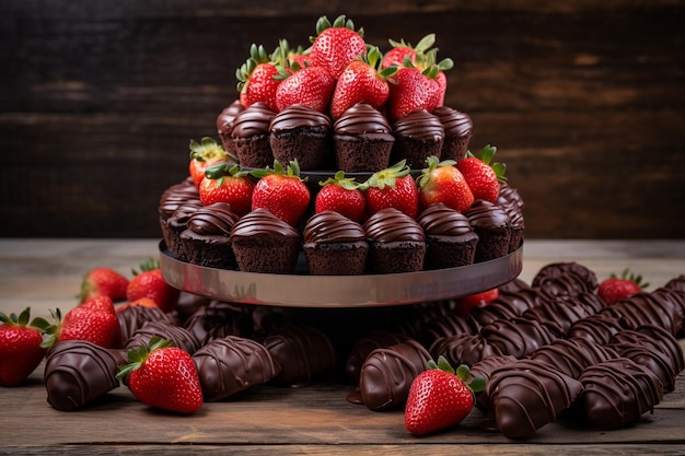 Side view of chocolate covered strawberries arranged on a tiered dessert stand