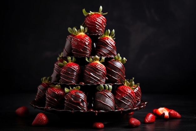 Side view of chocolate covered strawberries arranged on a tiered dessert stand