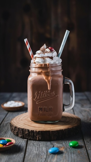 Side view of chocolate milk shake with whipped cream decorated with candies in a glass jar with han