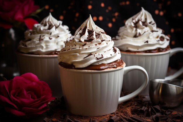 Side view of chocolate pudding cups topped with whipped cream and chocolate shavings