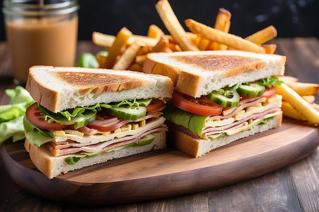 Side view club sandwich with french fries in wooden serving board