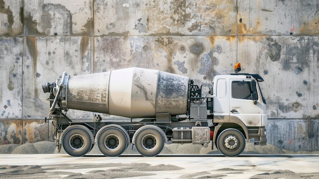 Photo side view of a concrete mixer truck delivering a load of concrete