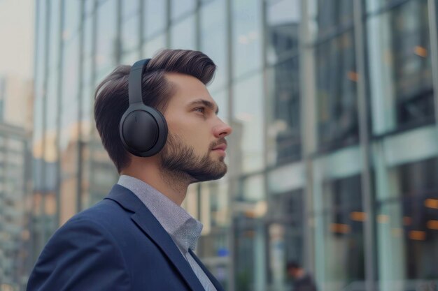 Photo a side view confident young businessman wearing headphones