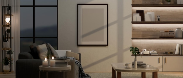 Side view of a cozy contemporary living room interior design with blank frame mockup on wall