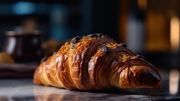 Side view of croissant decorated with chocolate on a wooden board Generative Ai