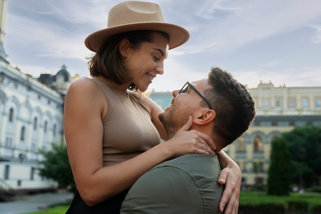 Side view cute romantic couple outdoors