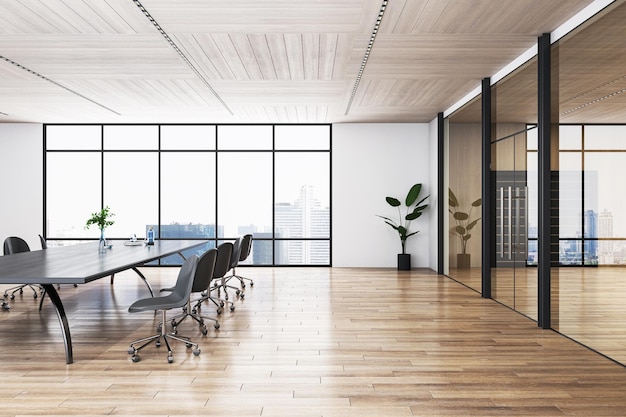 Side view on dark empty conference table and dark chairs around on wooden parquet floor in sunlit meeting area with city view background from big window and glass partitions 3D rendering