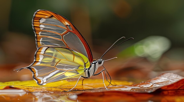 Photo a side view depicts a yellow swallowtail butterfly with translucent wings perched