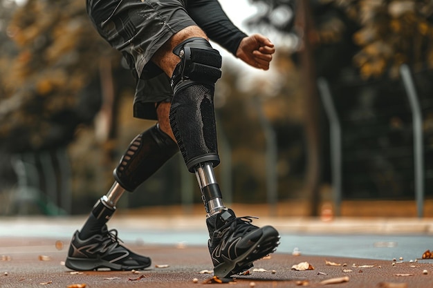 Photo side view disabled athlete with a prosthetic leg doing sport and exercise inspirational athlete motivation