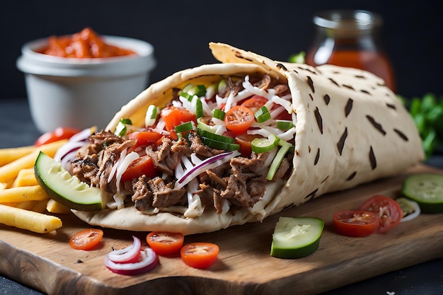 side view doner with meat cucumber tomato sauce and french fries on a board