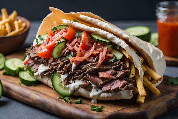 side view doner with meat cucumber tomato sauce and french fries on a board