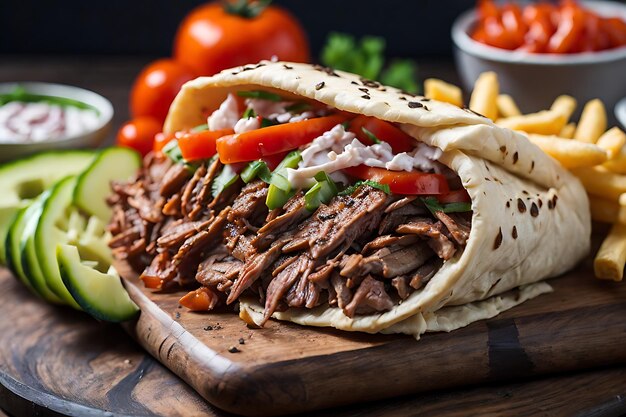 side view doner with meat cucumber tomato sauce and french fries on a board