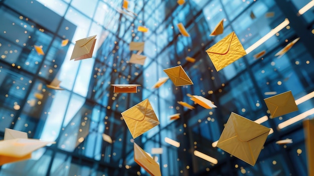 Photo side view of envelopes falling in front of a modern office building capturing the essence of mail and communication