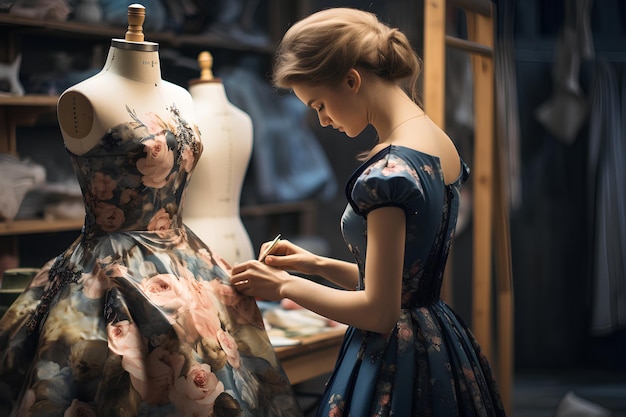 Side View of Female Fashion Designer in Atelier with Dress