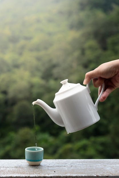 Side view of a female pouring tea at tea plant.