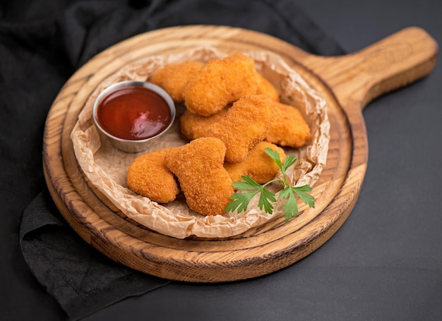 Side view of fried chicken fillet in panko breadcrumbs served with lettuce sweet and sour sauce in saucepan near dish isolated on black background Text space web banner design