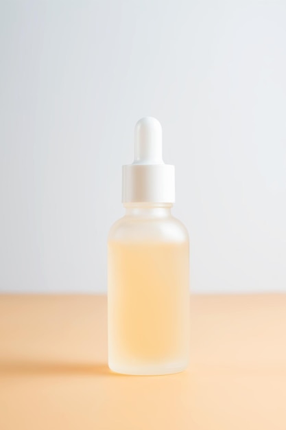 Side view of frosted glass dropper bottle with beauty face oil on beige background anti aging serum with natural engredients