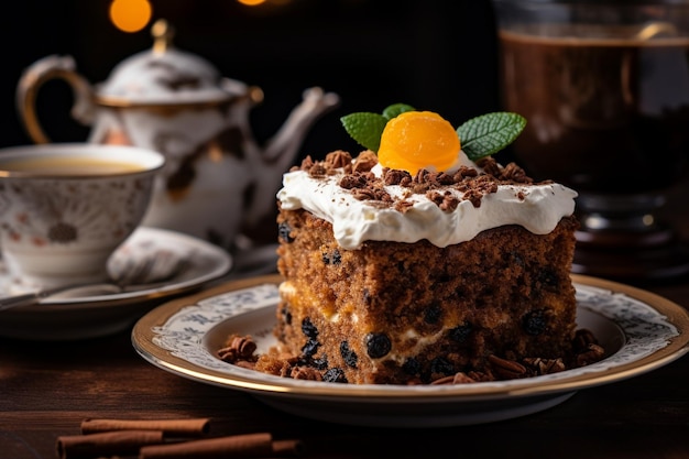 Side view of fruit cake topped with chocolate curl and whipped cream on the table served with tea