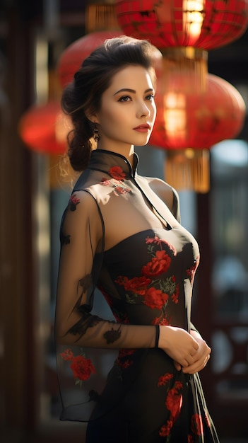 Side view full body beautiful female wears cheongsam in the quadrangle