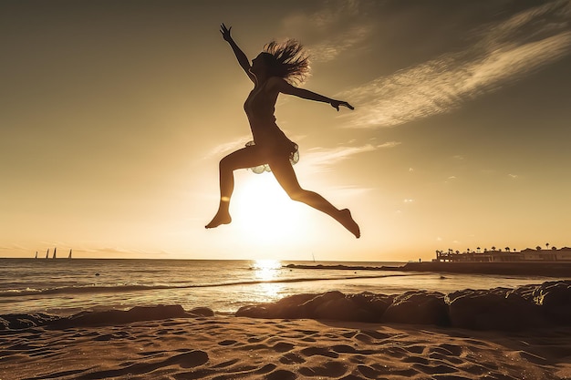 Side view of a full length cheerful woman jumping with her hands up