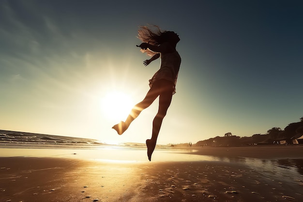 Side view of a full length cheerful woman jumping with her hands up